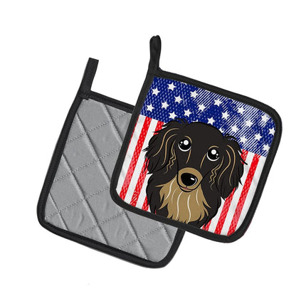 Caroline's Treasures American Flag and Longhair Black and Tan Dachshund Pair of Pot Holders BB2143PTHD, Fabric, Multicolor