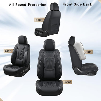 Coverado Car Seat Covers Full Set, 5 Piece Car Seat Protector with Lumbar Support & Removable Headrest, Breathable Leather Front Rear Seat Cushion Universal Fit for Truck Automotive Black