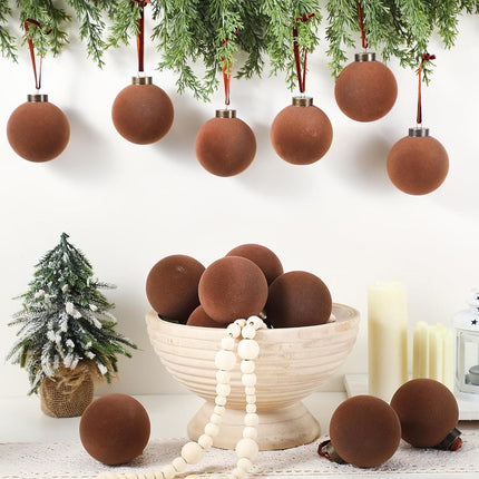 Liliful 15 Pcs Velvet Christmas Balls Bulk Flocked Christmas Tree Ball Ornaments Plastic Balls Xmas Decorative Hanging Ornaments Christmas Tree Decoration (Brown,3.15 Inch)
