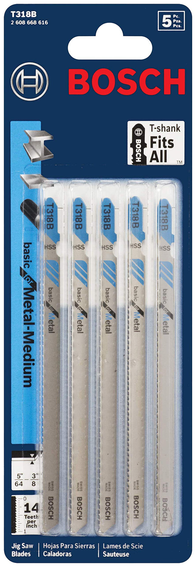 Bosch T318B 5-Piece 5-1/4 In. 14 TPI Basic for Metal T-Shank Jig Saw Blades