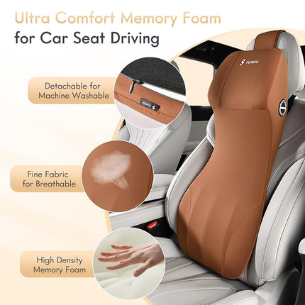 FLORICH Car Seat Lumbar Support with Headrest Pillow Memory Foam Car Lumbar Pillow Back Support Cushion 2-in-1 Ergonomic Back Rest Pillow & Car Neck Pillow for Driving Tailbone Pain Relief, Brown