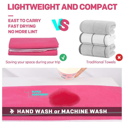 Microfiber Sport Travel Towel Set-(XL -60"x30"+24" x12)-Quick Dry, Absorbent, Ultra Compact Towels-Fit for Beach Yoga Golf Gym Camping Backpacking Hiking+Hand Towel&Carry Pouch(XL HPink)