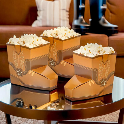 Fun Express Brown Western/Cowboy Boot-Shaped Popcorn Boxes - 4.75" x 4" (Pack of 24) - Perfect for Western-Themed Parties & Snack Tables