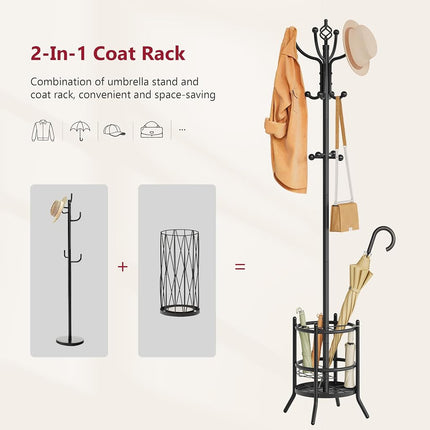 Tajsoon Coat Rack with Umbrella Holder, Coat Stand With 16 Hooks, Black