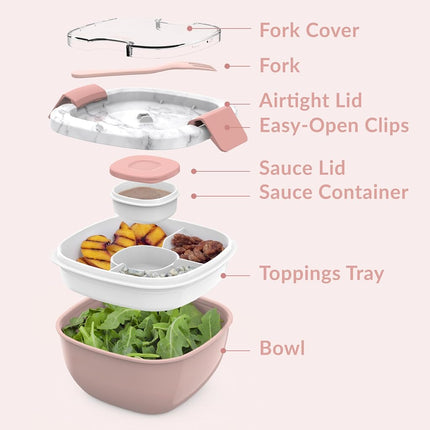 Bentgo® All-in-One Salad Container - Large Salad Bowl, Bento Box Tray, Leak-Proof Sauce Container, Airtight Lid, & Fork for Healthy Adult Lunches; BPA-Free & Dishwasher/Microwave Safe (Blush Marble)