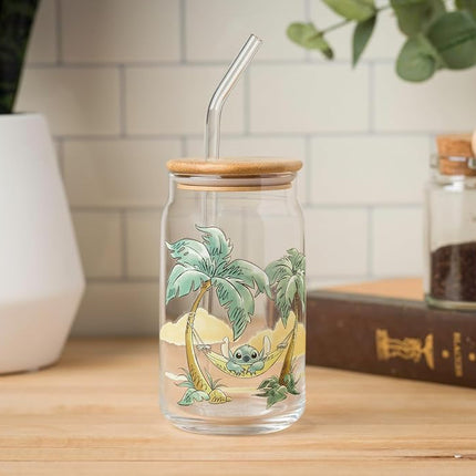Silver Buffalo Disney Lilo and Stitch Relaxing Chilling in Hammock Island Glass Jar Tumbler with Bamboo Lid and Glass Straw, 16 Ounces