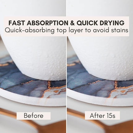 Ceramic Absorbent Coasters Set of 6 with Holder, Marble Drink Coasters for Coffee Table, Water Absorbing Coaster (Black)