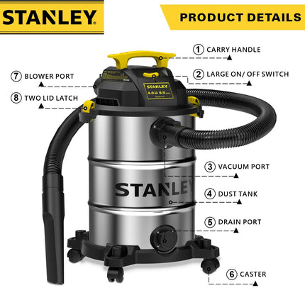 Stanley Wet/Dry Hanging Vacuum, 4.5 Gallon, 4 Horsepower, Stainless Steel Tank