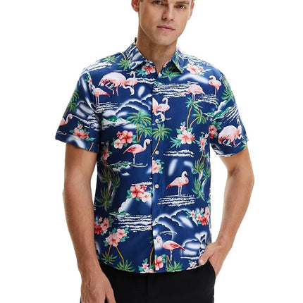 Camisa Hawaiana de ocio para hombre SSLR de flamencos, flores - Azul - Grande