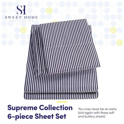 Sweet Home Collection Queen Sheet Set - 6 Piece 1500 Supreme Collection Fine Brushed Microfiber Deep Pocket Queen Sheet Set Bedding - 2 Extra Pillow Cases, Great Value, Classic Stripe Navy