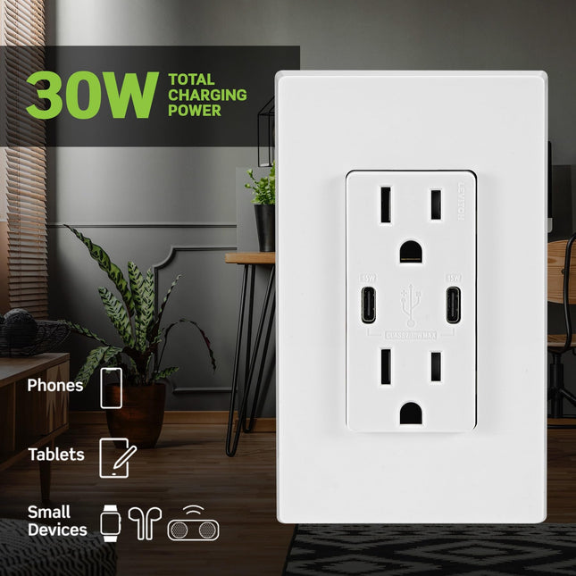 T5637-B 30W (6A) Cargador de pared USB doble tipo C/C con toma de corriente de 15 A a prueba de manipulaciones, cargador USB para teléfonos inteligentes y tabletas, no para computadoras portátiles, marrón