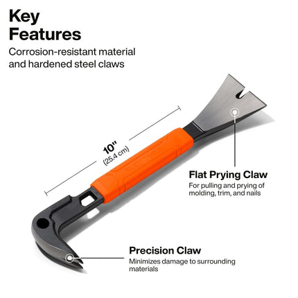Klein Tools 66101 10-Inch Molding Bar with Integrated Nail Dimpler, Heavy-Duty Carbon Steel Pry Bar, Shock Absorbing Grip