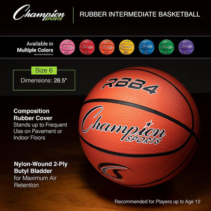Champion Sports Rubber Intermediate Basketball, Heavy Duty - Pro-Style Basketballs, and Sizes - Premium Basketball Equipment, Indoor Outdoor - Sports Education Supplies (Size 6, Pink)
