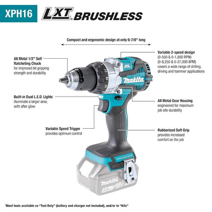 Makita XPH16Z 18V LXT� Lithium-Ion Compact Brushless Cordless 1/2" Hammer Driver-Drill, Tool Only