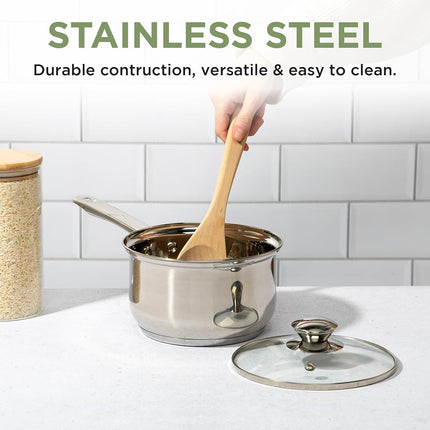 Ecolution Pure Intentions Saucepan – Features Tempered Glass Lid, Stay-Cool Knob and Handle, and Encapsulated Bottom – Oven Safe – Curbside Recyclable Stainless Steel – 2 Quarts