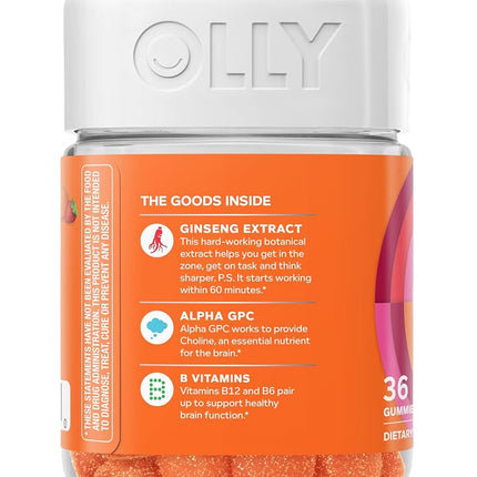 OLLY Laser Focus Gummy, 18 Day Supply (36 Gummies), Berry Tangy Tangerine, Ginseng, Alpha GPC, B Vitamins, Chewable Supplement