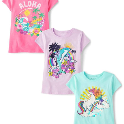 The Children's Place Girls' Animal Short Sleeve Graphic T-Shirts, Multipack, Rainbow Unicorn/Aloha/Dolphin, XX-Large