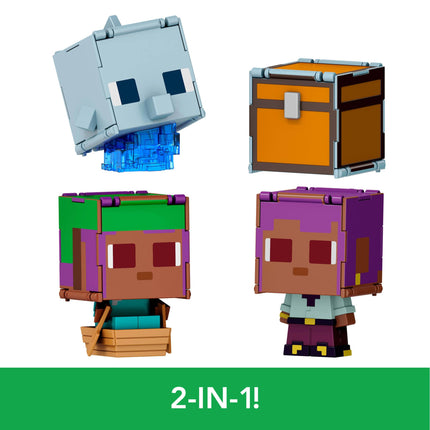Mattel Minecraft Flippin’ Figs 2-Pack, 2 Action Figures in 3.75-inch Scale with Large Heads & 2-in-1 Fidget Play, Efe / Sailboat & Dolphin / Treasure Chest, JCY31