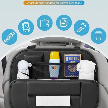 FLORICH Organisateur de dossier de siège de voiture 5-en-1, Pochette de rangement en cuir premium à fixer à l'arrière des sièges avec porte-gobelet, Distributeur de mouchoirs de voiture pliable, Ajustement universel