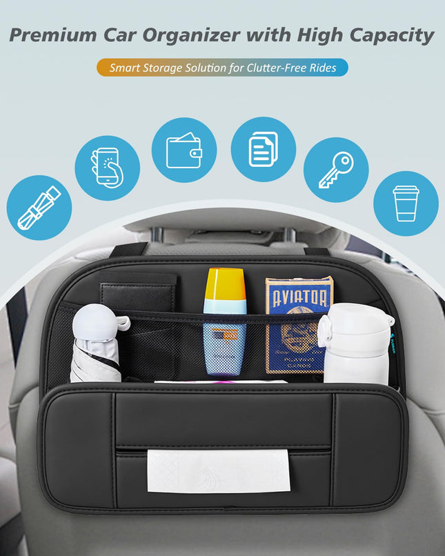 FLORICH 5-in-1 Car Backseat Organizer, Premium Leather Headrest Seat Back Storage Pocket with Cup Holder, Foldable Hanging Car Tissue Holder Universal Fit