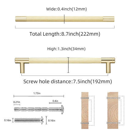 COTYKILEY 10 Pack 7.5 Inch(192mm) Brushed Brass Gold Knurled Kitchen Cabinet Pulls