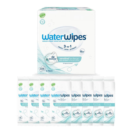 WaterWipes On The Go Wipes, 99.9% Water-Based Wipes for Travel, Sports, and to Refresh Skin, Unscented & Hypoallergenic, 224 Count (8 Packs)