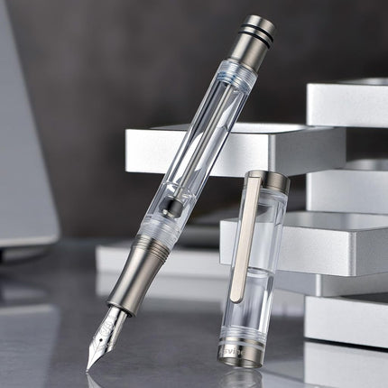 Asvine V200 Titanium Fountain Pen Vacuum Filling, Germany Bock Extra Fine Nib Clear Transparent Acrylic Smooth Writing Pen Case Set