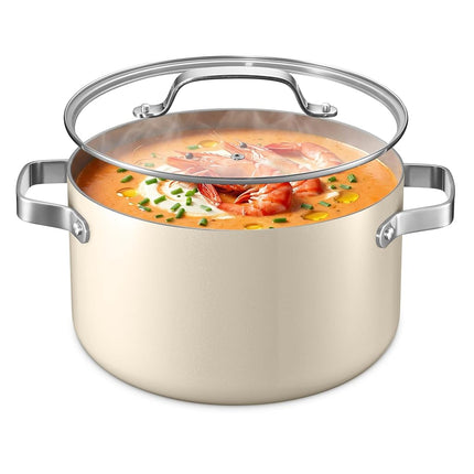 Faitout en aluminium de 8,5 litres crème avec couvercle, marmite antiadhésive à revêtement céramique, sans PTFE ni PFAS, allant au four jusqu'à 260 °C, poignées rivetées en acier inoxydable, couvercle en verre trempé, compatible tous feux