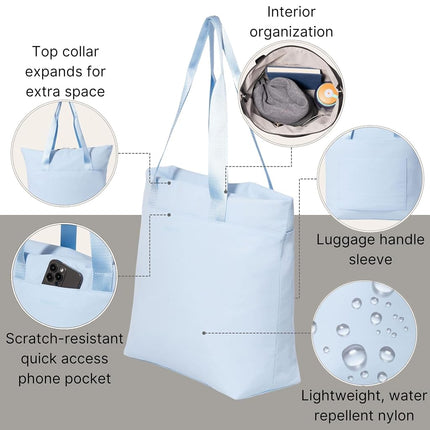 Baggallini Swift Tote Bag for Women - Lightweight 12x16 Nylon Zipped Travel Carry On Bag w/Luggage Sleeve, B-lite Ice Blue