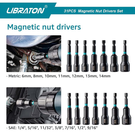 Libraton 31PCS Magnetic Nut Driver Set, Impact Drill Driver Bit Set 1/4", Metric and SAE Nut Driver, Screwdriver Bits, Impact Socket Adapters, Bit Holder, Quick-release Extensions with Storage Bag