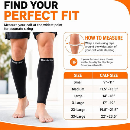 Doc Miller Calf Compression Sleeves for Men & Women, Footless Leg Compression Socks Support for Runners, 15–20mmHg Graduated, Shin Splints, Varicose Veins, Pain Relief & Swelling (1 Pair)