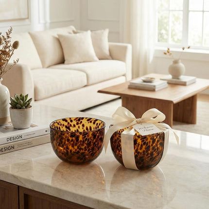 Amber Tortoise Shell Glass Bowls Set of 2 | 4.3” - 12.8oz Leopard Print Soup & Cereal Dishes | Decorative Animal Print Snack Serving Bowl, Cereal, Soup, Gifts for Kitchen Food Countertop, Hostess Gift