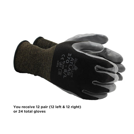 SHOWA ATLAS 370B General purpose nitrile-coated, palm dipped, 13 gauge black seamless lint free, knitted liner, w/gray coating, medium (Pack of 12)