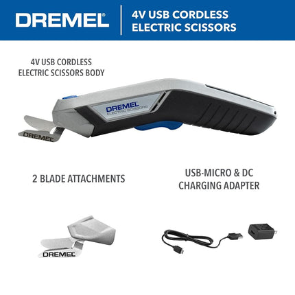 Dremel HSSC-01 4V Cordless USB Rechargeable Electric Scissors with Two Blade Attachments, USB Cord, and Power Block - Ideal for Cutting Fabric, Cardboard and Paper Material