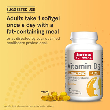 Jarrow Formulas Vitamin D3, Supports: Calcium and Bone Metabolism, 2500 IU, 100 Softgels