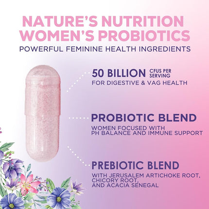 Nature's Nutrition Women’s Probiotics 50 Billion CFU Guaranteed, Vegan Probiotic Strains, Supports Womens Digestive, Immune, Vaginal, & Urinary Health, Delayed Release, No Soy Gluten 60 Capsules