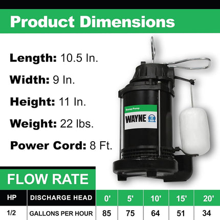 Wayne CDU800 1/2 HP Submersible Cast Iron and Steel Sump Pump with Integrated Vertical Float Switch