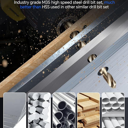 COMOWARE Cobalt Drill Bit Set- 29Pcs M35 High Speed Steel Twist Jobber Length for Hardened Metal, Stainless Steel, Cast Iron and Wood Plastic with Metal Indexed Storage Case, 1/16"-1/2"