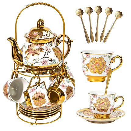 Tea Sets Gold Plated Red Rose Ceramic Tea Set, Vintage Teapot Tea Sets Beautiful Tea Set Coffee Serving 6 People (Pink, Medium)