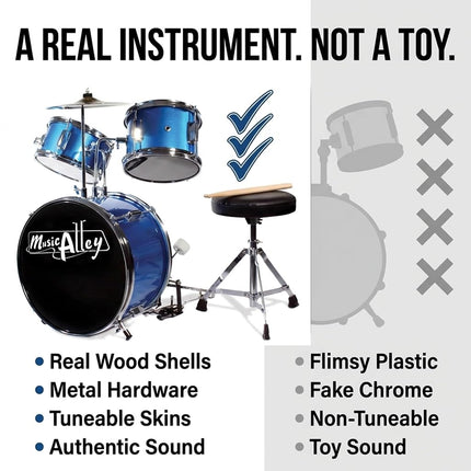 Music Alley 3 Piece Kids Drum Set with Throne, Blue