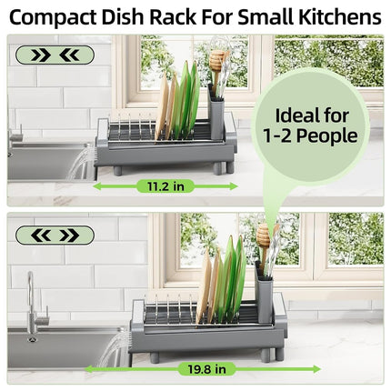 TOOLF Expandable Dish Rack, Compact Dish Drainer, Stainless Steel Dish Drying Rack with Removable Cutlery Holder, Anti Rust Plate Rack, Small Sink Drainer for Sink or Kitchen Countertop