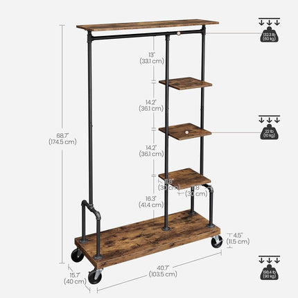 VASAGLE Clothes Rack, Clothing Rack on Wheels, 5-Tier Garment Rack with Metal Pipes, for Bedroom, Store, Laundry Room, Living Room, Rustic Brown and Black HSR66BX