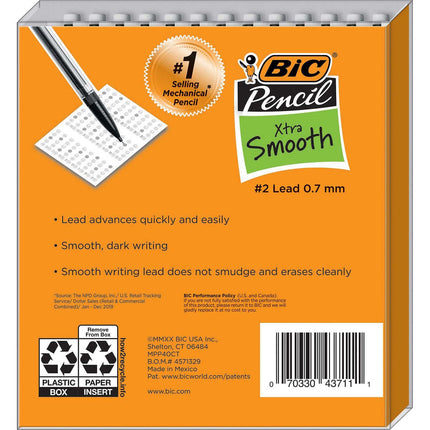 BIC Mechanical Pencil, Retractable with Eraser, Xtra Smooth, 2 Lead, 0.7mm, 40 ct