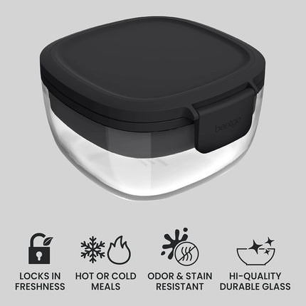 Bentgo Glass All-in-One Salad Container - Large 61-oz Salad Bowl with Lid, 4-Compartment Bento-Style Tray, 3-oz Sauce Container, and Reusable Fork - Dishwasher, Microwave, and Oven Safe (Black Onyx)