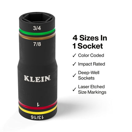 Klein Tools 6513QS KNECT Impact-Rated Quad Socket Set, 4-in-1 Flip Socket Driver, Color-Coded, Heavy-Duty Multi Tool, 3/8-Inch Drive, SAE 3/4-Inch, 13/16-Inch, 7/8-Inch, 1-Inch, Multi-Purpose Adapter