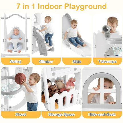 OLAKIDS Toddler Slide and Swing Set, 7 in 1 Kids Indoor Outdoor Playground with Climber Basketball Hoop Telescope Toy Storage for Boys Girls Aged 1+