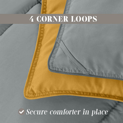 Elegante juego de edredón reversible de 3 piezas de Elegant Comfort, acogedor para todas las estaciones, alternativa suave a la pluma, acolchado – costura de caja – inserto de edredón con 4 pestañas en las esquinas, edredón con fundas, King, amarillo/gris
