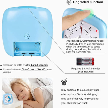 Secura 60-Minute Visual Timer, Kitchen Timer, Countdown Timer for Kids and Adults, Loud Alarm, Time Management Tool with Pause Function (Blue)