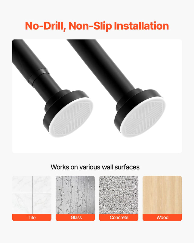 VEVOR Shower Curtain Rod, 28-76 Inches, 1 Inch Diameter, Adjustable Spring Tension Stainless Steel Telescoping Rod with Holders, No Drilling Non-Slip for Bathroom, Closet, Window, Room Divider, Black