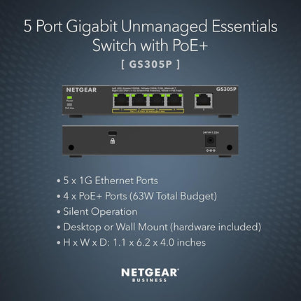 NETGEAR 5-Port PoE Gigabit Ethernet Unmanaged Essentials Switch (GS305P) - with 4 x PoE+ @ 63W, Desktop or Wall Mount